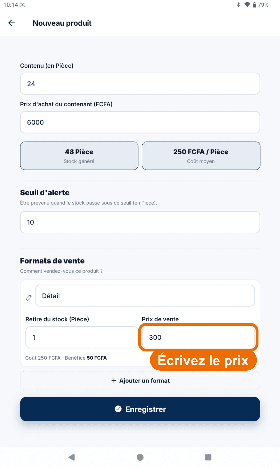 « Nouveau produit » — « Formats de vente », prix écrit — Écrire le prix de vente