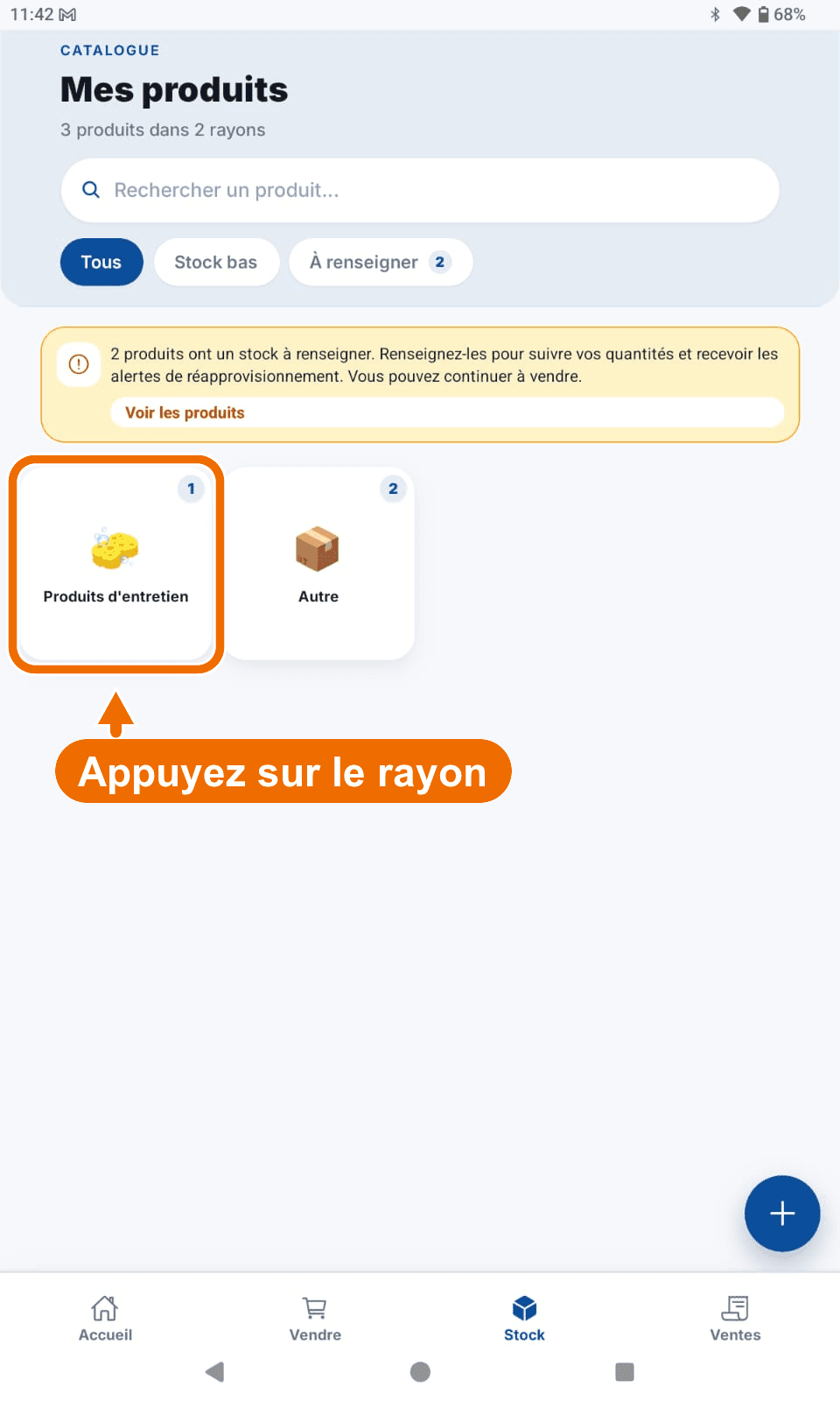 Stock — après l'ajout, rayon « Produits d'entretien » fermé — Ouvrir le rayon du produit
