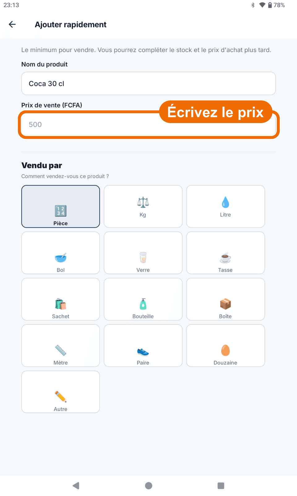 « Ajouter rapidement » — nom écrit — Écrire le prix de vente