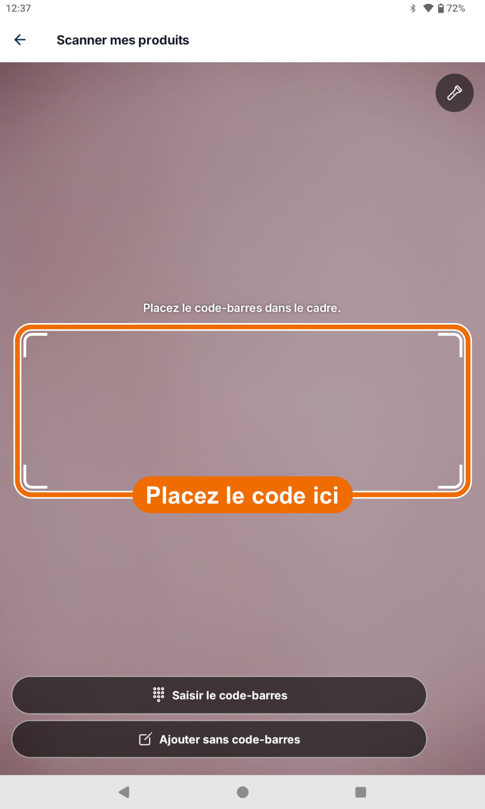« Scanner mes produits » — caméra active — Viser le code-barres
