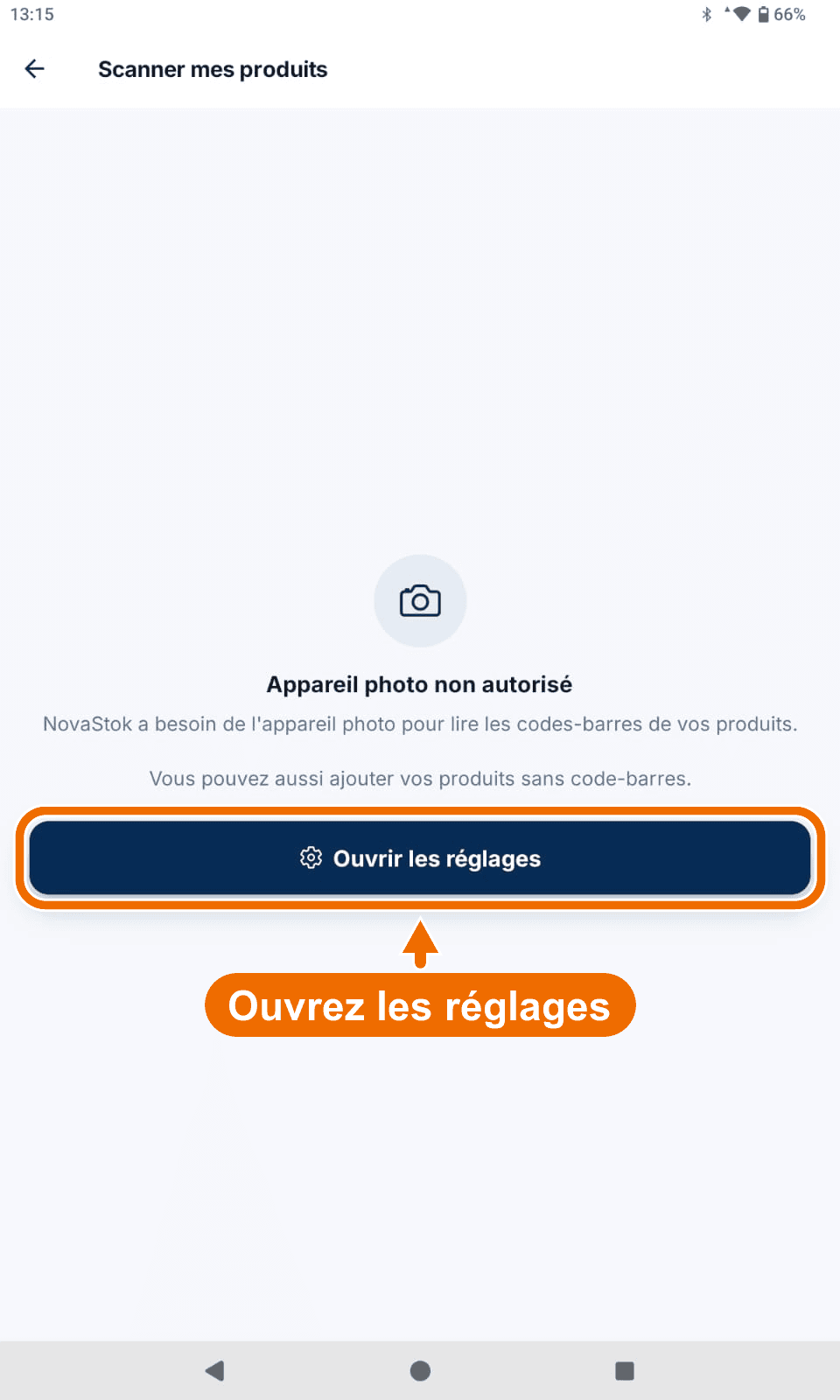 « Scanner mes produits » — « Appareil photo non autorisé » — Autoriser l'appareil photo