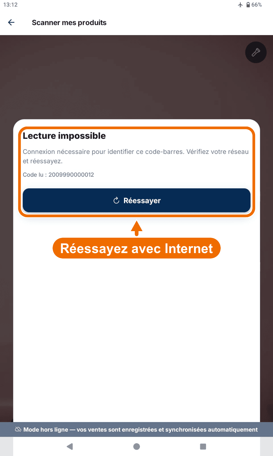 Fiche « Lecture impossible » — sans Internet, bandeau « Mode hors ligne » — Réessayer quand la connexion revient